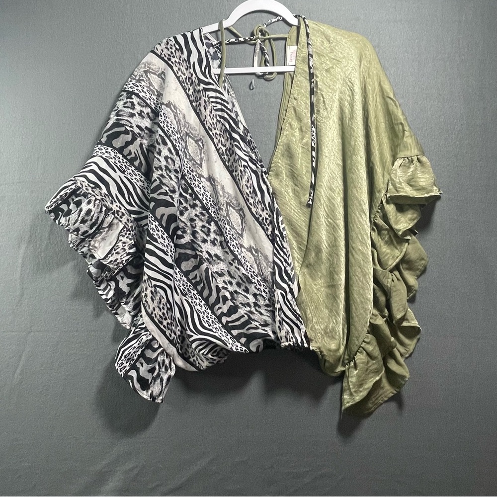 Boho Mixed Animal Print Blouse Womens Asymmetrical Ruffle Sleeve Top V Neck Flow
